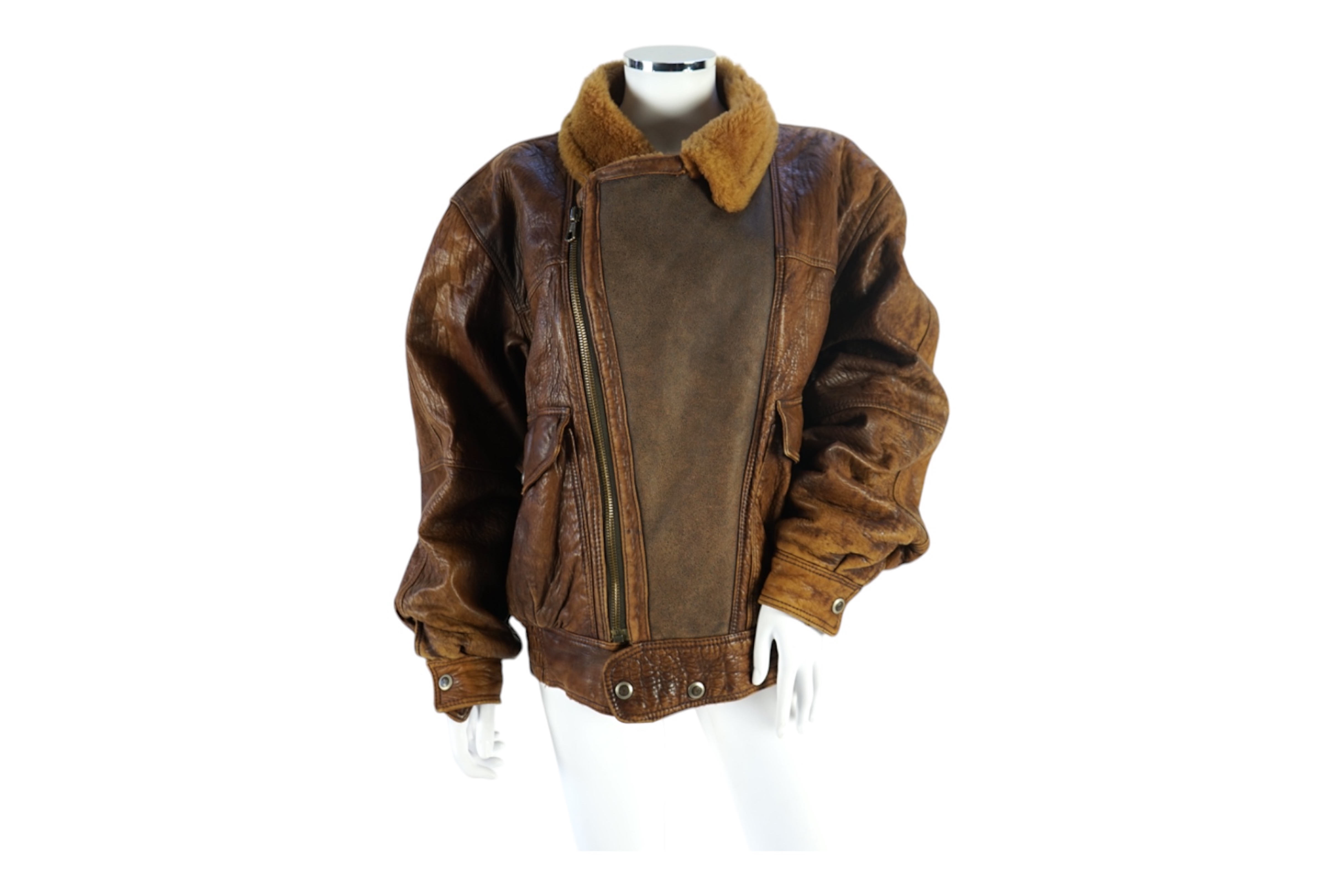 A gentleman's vintage brown leather bomber jacket made by The King, size unknown.